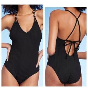 Shade & Shore Black Halter One-Piece Swimsuit Ribbed  Gold Bead Detail Size XS
